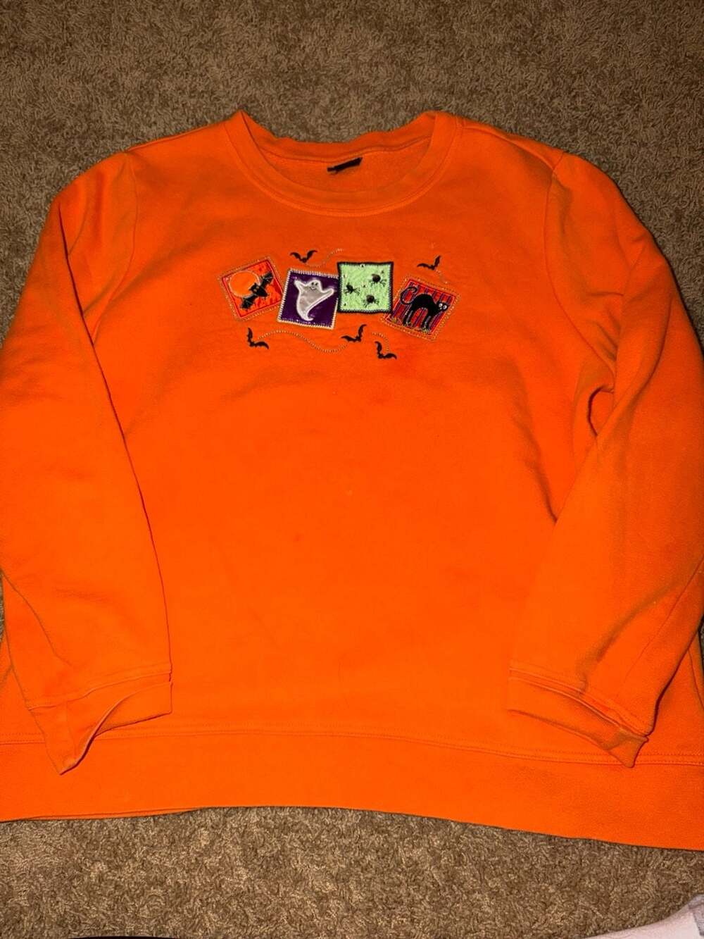 Holiday Editions Halloween Orange Sweatshirt Embroidered Ghost Cat Spider Bats